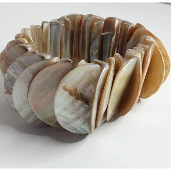 Vintage Polished Shell Mother of Pearl Earth Tones Stretchy Bracelet - Picture 2 of 7